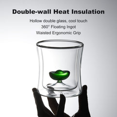 Double Wall Borosilicate Glass Tumbler with Floating Yuanbao Ingot, 88ml & 260ml Heat Insulated Hand Blown Glass Cup, Lead-Free Oriental Drinking Glass for Tea Whiskey Coffee, Dishwasher Safe Novelty Gift Cup