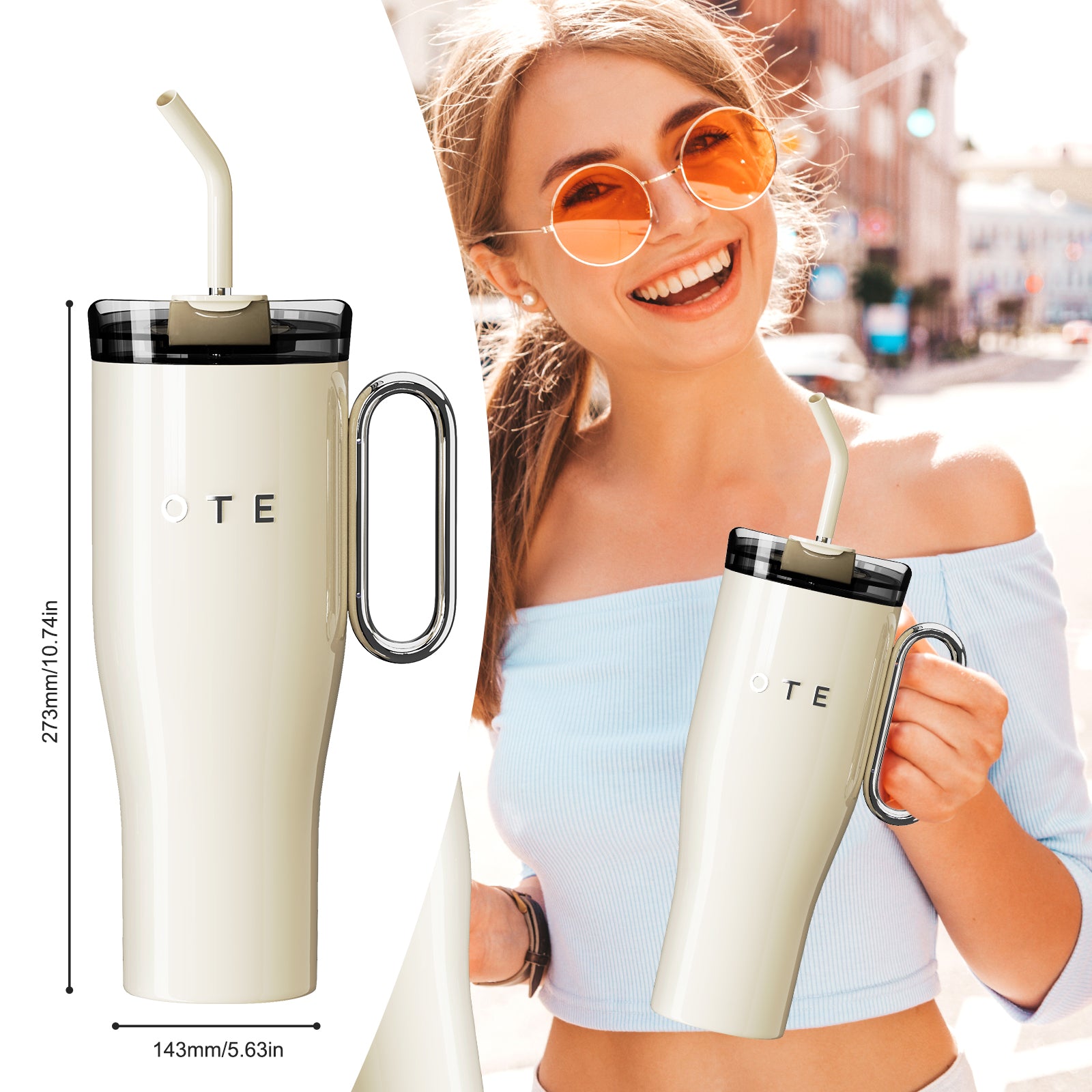 OTE1.2 L (42 oz) Tasse à café à emporter, tasse isotherme à double paroi en acier avec poignée et paille, sans BPA, gobelet de voiture portable, tasse thermique, tasse à café pour boissons chaudes et froides